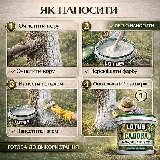 Фарба садова для дерев LOTUS 10 л білосніжна бактерицидна для побілки саду та кущів, захист кори від сонця та шкідників Харків