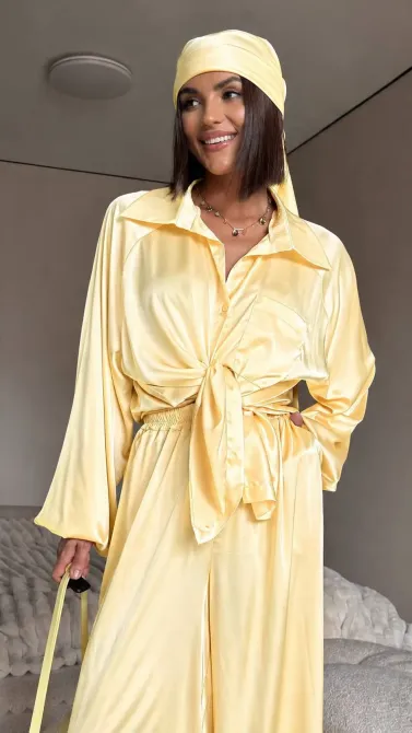 Жіночий шовковий костюм-трійка oversize (штани + сорочка + хустинка)— стильний комплект Одеса - фото 19