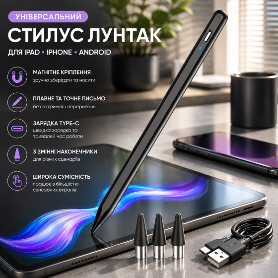 Универсальный стилус Лунтак для iPad, iPhone, Android, сенсорных экранов, Type-C, магнитный, 3 наконечника, черный Киев