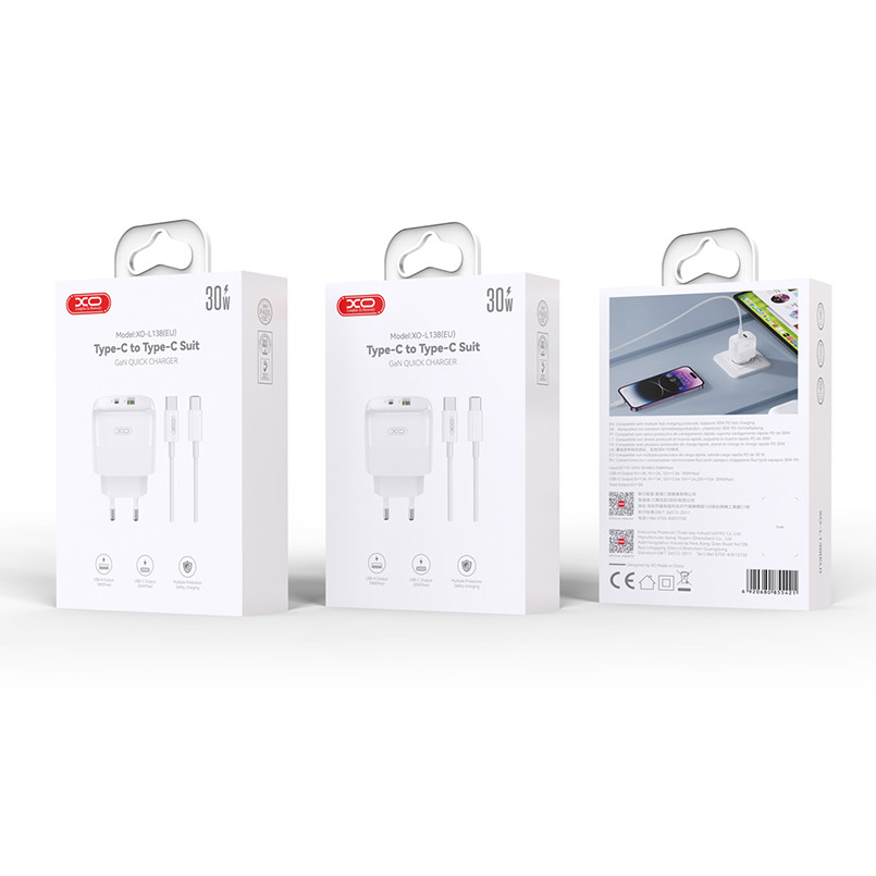 Мережевий зарядний пристрій XO L139 1USB-A 45W+2USB-C 65W + Type-c кабель білий Львів - фото 6