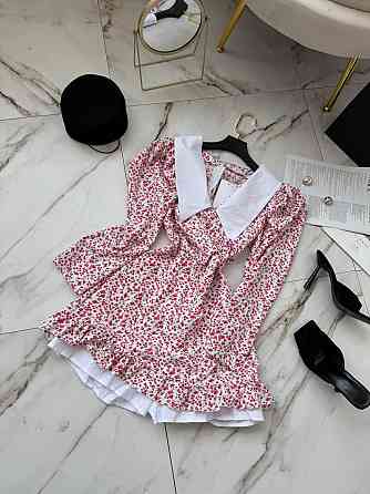 Жіноча романтична міні сукня-комбінезон у квітковий принт з білим коміром софт + котон Одеса