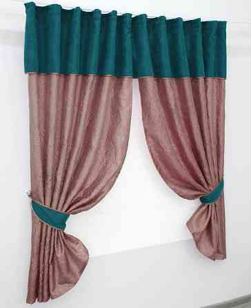 Кухонные шторы VR-Textil № 073к с ламбрекеном и подхватами розово-золотистый с темно-бирюзовым 280х170 см (52-0367) Киев