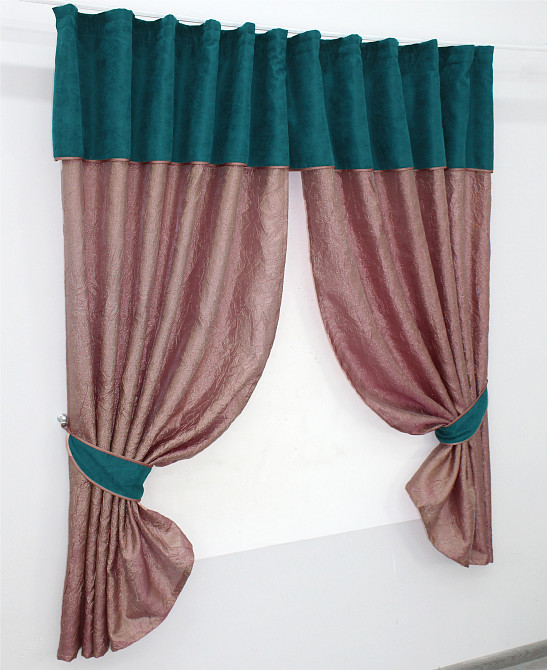 Кухонные шторы VR-Textil № 073к с ламбрекеном и подхватами розово-золотистый с темно-бирюзовым 280х170 см (52-0367) Киев - изображение 2
