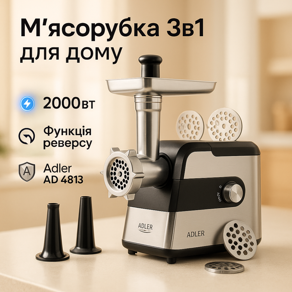 Мясорубка электрическая шнековая с реверсом Adler AD 4813 2000Вт, Мясорубки для колбасы NJ-32 Львов - изображение 7