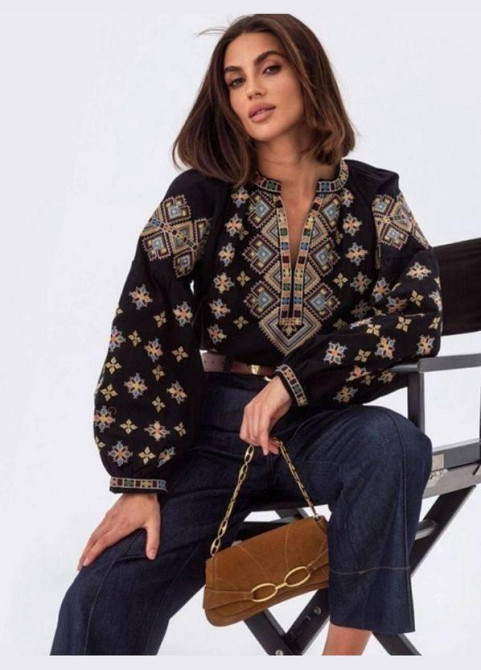 Женская современная вышиванка с объемным рукавом домотканый лен Черный, 48 Одесса - изображение 3