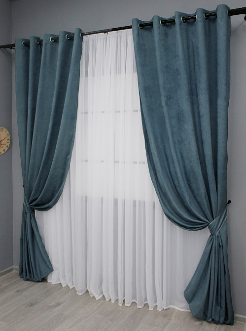 Комплект штор на люверсах VR-Textil Микровелюр Petek № 1489ш 150х270 см 2 шт Серо-голубой (37-0216) Киев - изображение 3