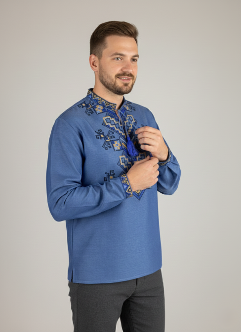 Синя чоловіча вишиванка із домотканого полотна Дерево життя Київ - фото 2