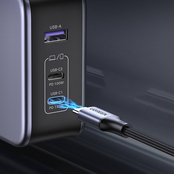 Зарядний пристрій 3xUSB 140W GaN (2хUSB-C+USB-A) CD289 with C to C Cable 1.5 м Gray Ugreen (90549) Київ - фото 8