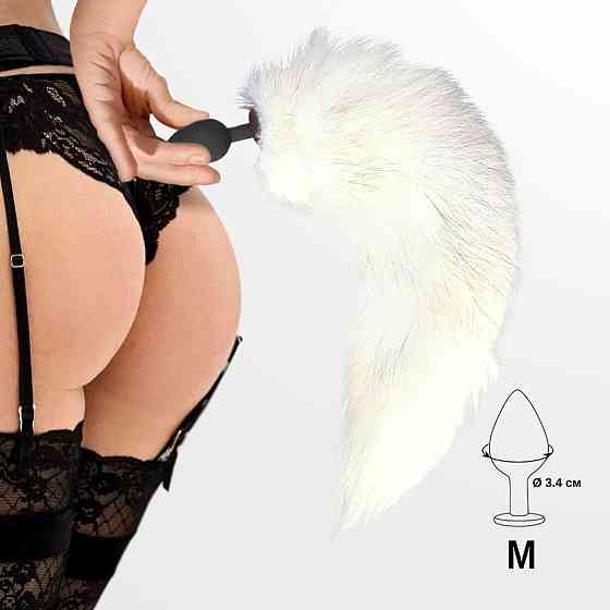 Силіконова анальна пробка з хвостом із натурального хутра Art of Sex size M White fox Sex Aura Київ