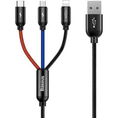 Дата кабель USB 2.0 AM to Lightning + Micro 5P + USB-C 1.2m 5A black Baseus (CAMLT-BSY01) Вінниця