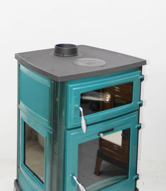 Піч-камін чавунна на дровах з духовкою Hosseven 8000E 13 кВт три скла верхній димохід блакитна Тернопіль - фото 3