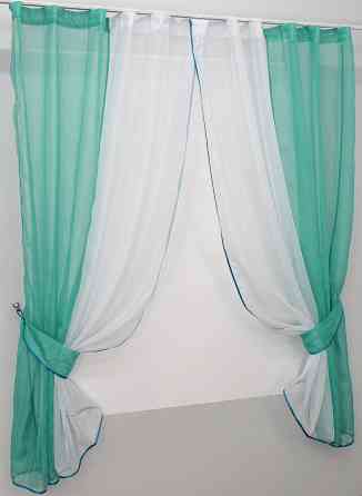 Кухонные шторы VR-Textil № 017к комбинированные с подвязками бирюзовый с белым 265х170 см (50-112) Киев