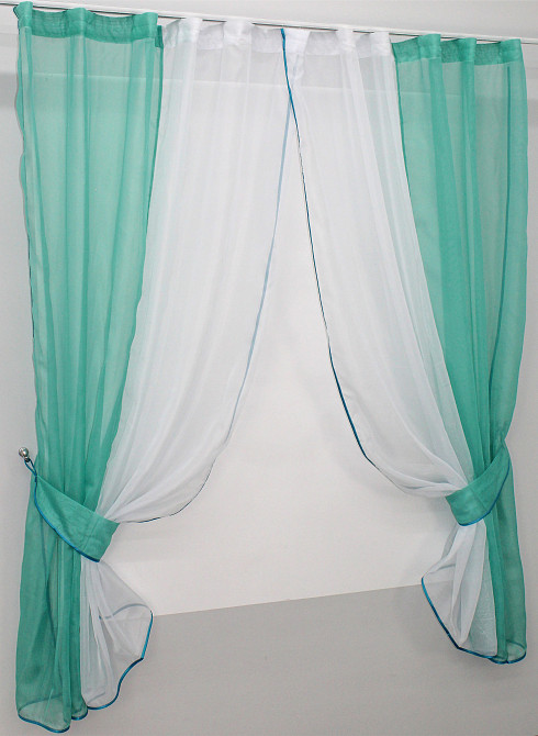 Кухонні штори VR-Textil № 017к комбіновані з підв'язками бірюзовий з білим 265х170 см (50-112) Київ - фото 2