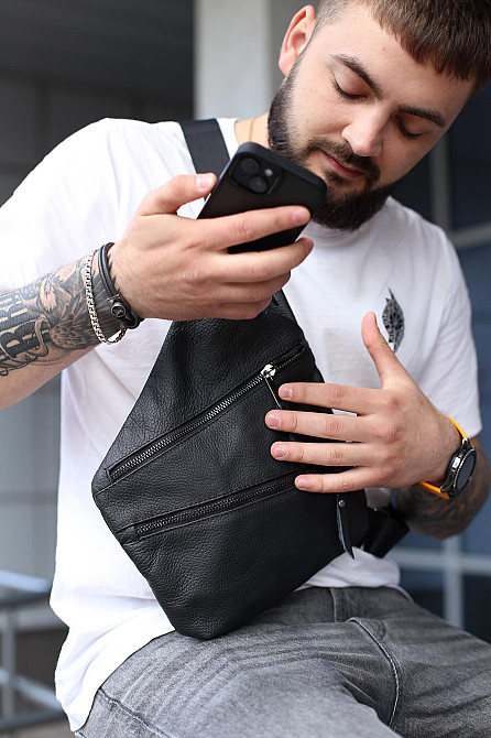 Мужская сумка из натуральной кожи, сумка через плечо SKILL Cross body (Черная) Сумы - изображение 7