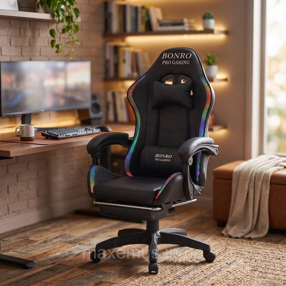 Игровое геймерское кресло Bonro B-144 Черное с RGB-подсветкой, массажем и подножкой для ПК Мостиська - фото 9