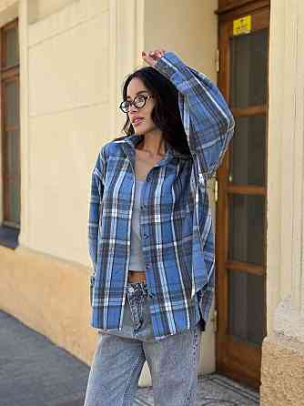 Женская теплая рубашка свободного кроя в клетку турецкая байка Голубой, 42/44 Одесса