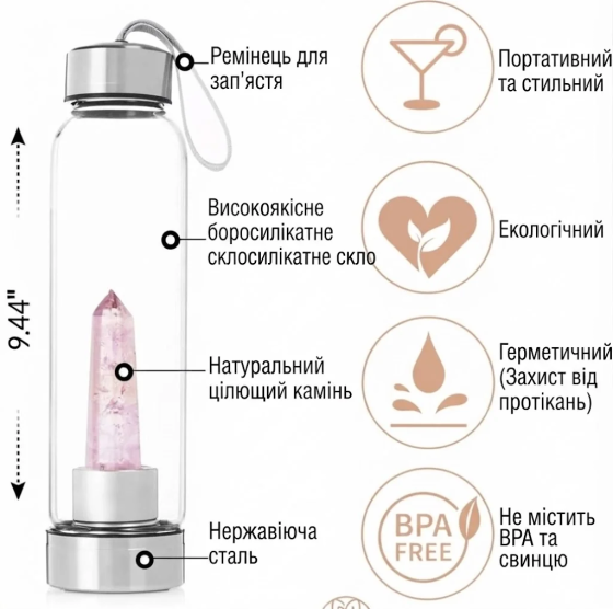 Скляна пляшка для води Elixir-GLS-304 з кристалом еліксиром Вінниця