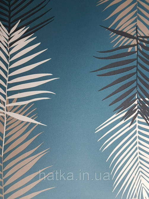 Шпалери вінілові Lutece Bensimon листя папороті білі чорні сірі бежеві на темно-синьому Київ - фото 2