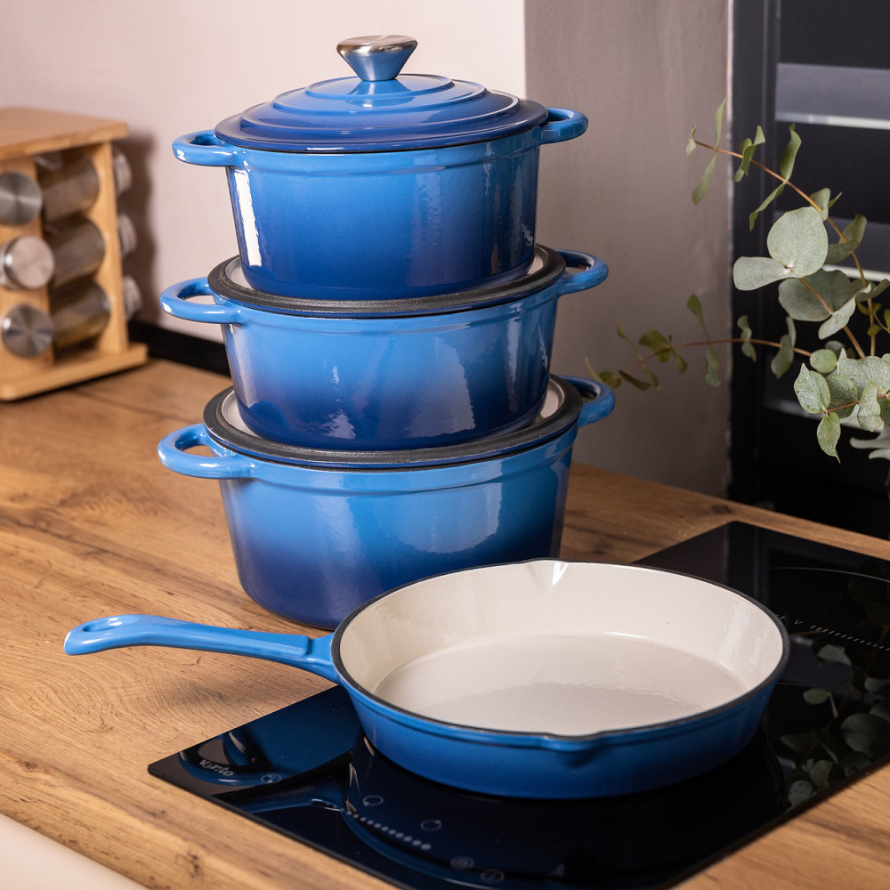 Набор чугунной посуды для приготовления 3 кастрюли и сковорода с эмалированным покрытием Синий HP-1-8 Киев - изображение 8