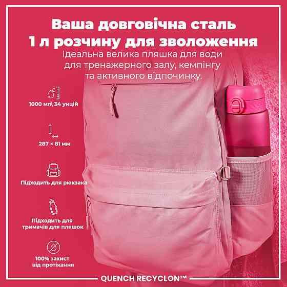 Пляшка для води ION8 1000 мл. (ЕКО пляшка) BPA Free, Pink Кам'янське