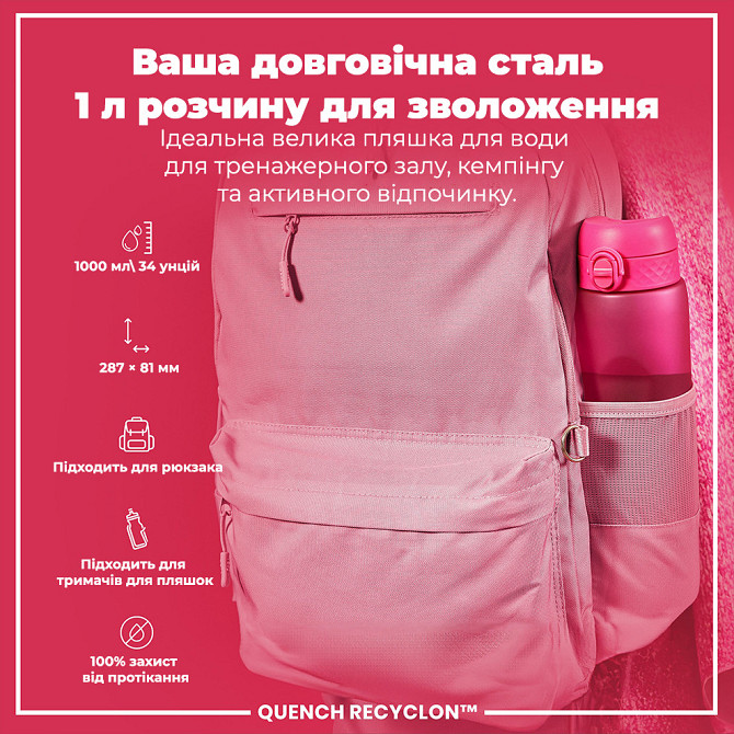 Пляшка для води ION8 1000 мл. (ЕКО пляшка) BPA Free, Pink Кам'янське - фото 5