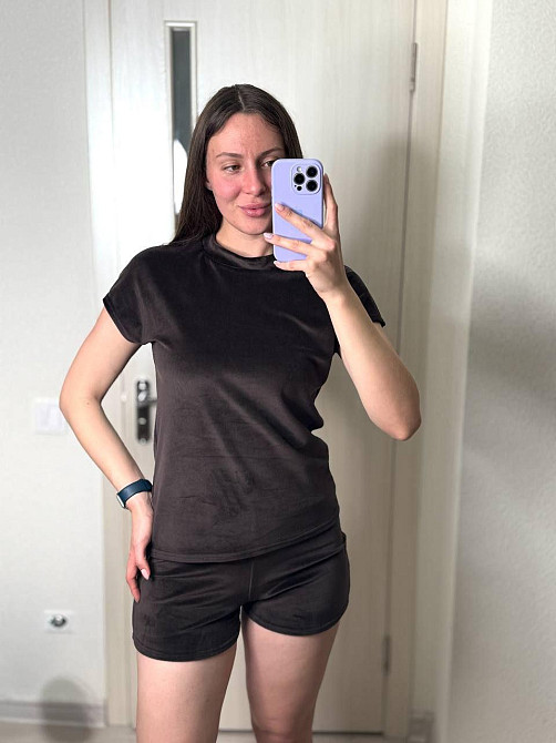 Женский домашний костюм тройка: футболка брюки + шорты плюш-велюр Темный шоколад, 50/52 Одесса - изображение 2