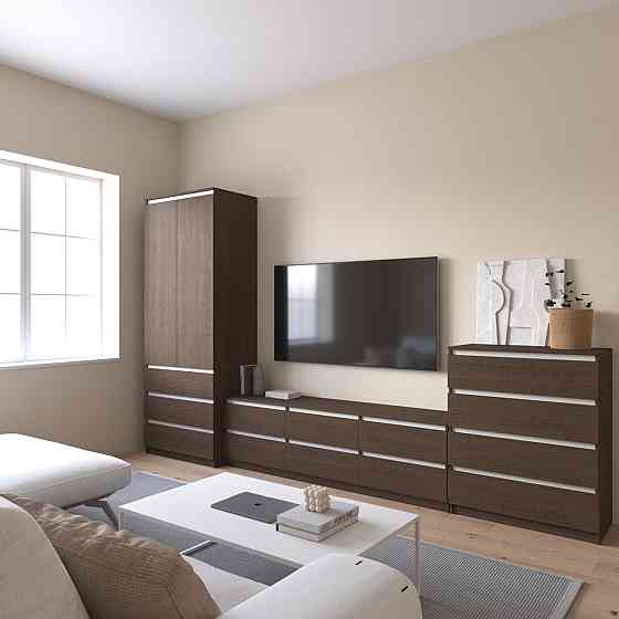 Комплект мебели в гостиную VAYS, шкаф R-9 тумба R-12 комод R-4 Венге Темный-Белые планки Львов