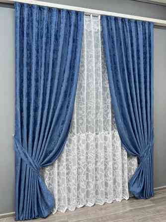 Комплект штор VR-Textil Жакард Мармур 200х270 2шт і Тюль 600х270 1149ш-1529т Синій з білим 71-182/7 Київ