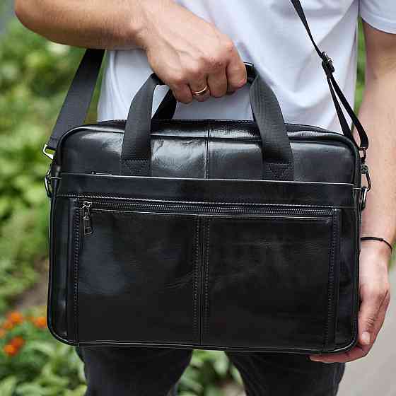 Чорна шкіряна чоловіча сумка для роботи та повсякденності Київ