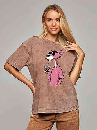 Футболка оверсайз вініж із принтом Пантера Бежевий Харків