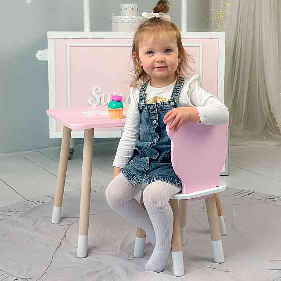 Стіл прямий 46х60х45 і стілець мордочка медведика 26х26х24, столик та стільчик для дівчинки, рожевий з білим Київ
