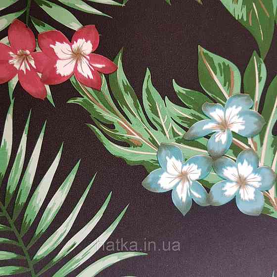Обои метровые винил на флизелине Decowall Retro цветы красные голубые листья папоротника зеленые на черном Киев