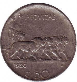 Віктор Еммануїл III. Монета 50 чентезимо. 1920 рік, Італія. (Г) Полтава - фото 1