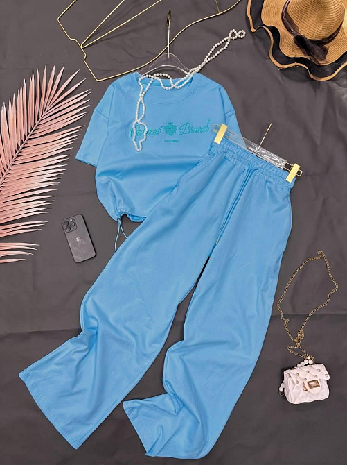 Женский стильный повседневный костюм из лого турецкая двухнить Голубой, 42/44 Одесса - изображение 1