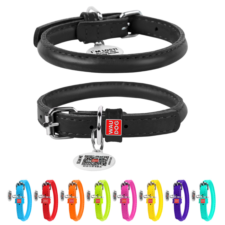 Нашийник для собак шкіряний WAUDOG Glamour з QR паспортом, круглий, Д 6 мм, Дов 17-20 см чорний Коломыя - изображение 1