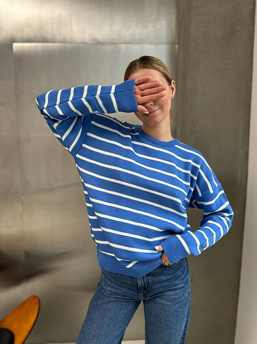 Жіночий базовий смугастий светр оверсайз шерсть 70% акрил 30% Синій Одеса - фото 1