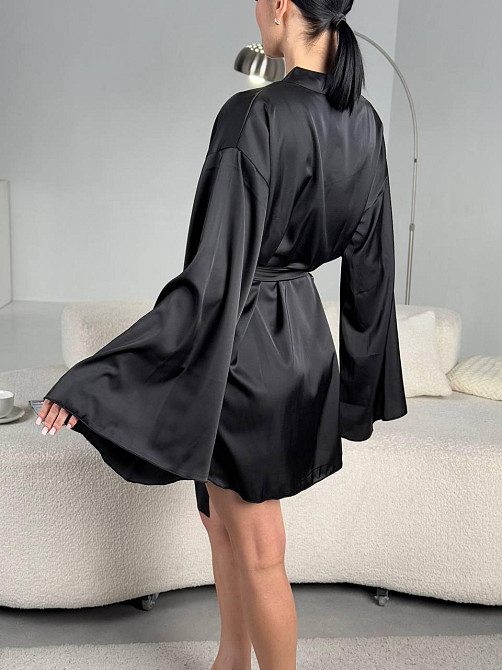 Женский короткий халат на запах с широким рукавом из шелка армани Черный, 48/50 Одесса - изображение 7