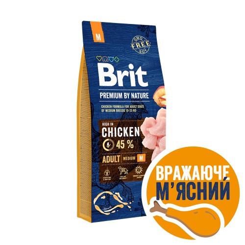 Сухий корм Brit Premium Dog Adult M для дорослих собак середніх порід, з куркою, 15 кг Київ - фото 1