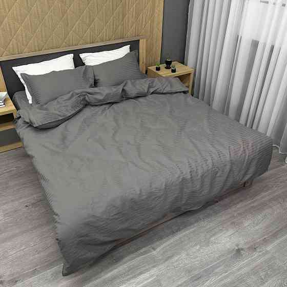 Комплект постільної білизни Страйп-сатин Сімейний з простирадлом на резинці 180х200х25, 2 підковдри 150х200, 2 наволочки 70х70 Темно-сірий (88-221) Київ