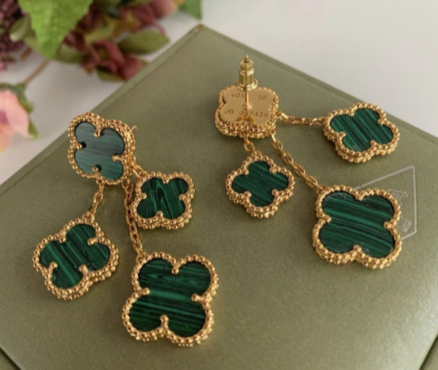 Сережки зелені Vancleef Ванкліф срібло в позолоті Одеса - фото 1