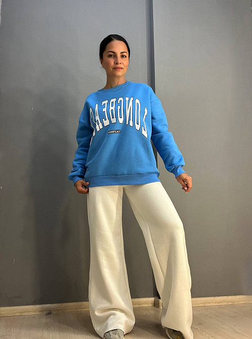 Костюм жіночий Quzen 388-488 подовжений світшот напис брюки палаццо широкі утеплений на флісі блакитний, блакитний, S Київ - фото 7