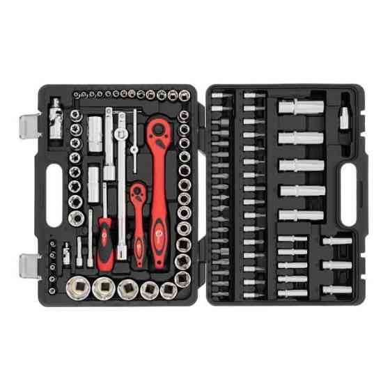 Набір інструментів, проф., 1/2" + 1/4", Cr-V, 108 од., головки: 6-гр. 4-32 мм, E4-E24, біти 35 од., подовж. головки: 6-22 мм, кейс Київ