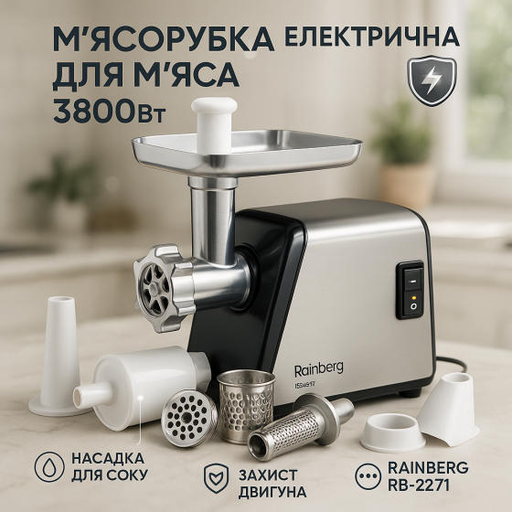 М'ясорубка електрична Rainberg RB-2271 3800Вт з насадкою для томатів та шатківницею YG-51 Львів