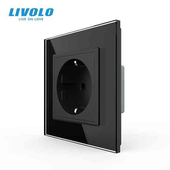 LIVOLO Електрична розетка з заземленням LIVOLO, чорна, скляна рамка, шторки, 250В 16А (VL-M7FCT Коломия