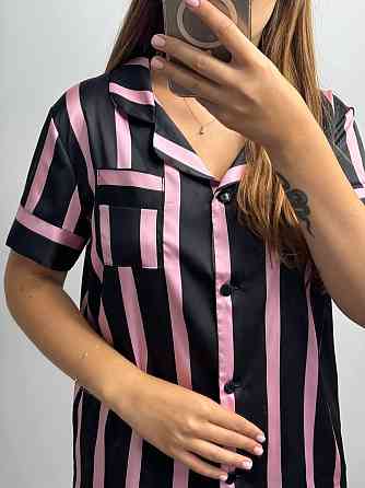 Женская пижама сатиновая Черно-розовый полоска M-L Харьков