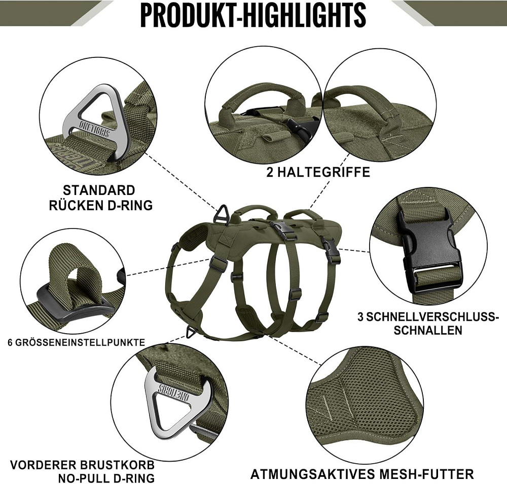 Тактична шлея для собак OneTigris T-Bone з 2 ручками (зелена, розмір M) Луцьк - фото 7
