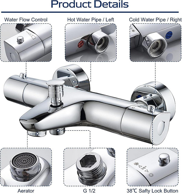 Термостатический смеситель для ванны SINKTORY с защитой 38℃, с двумя выходами воды, латунный, хромированный Киев - изображение 6