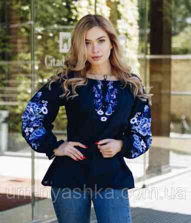 Жіноча лляна вишиванка "Казка" темно-синя ХS-XXL 3XL-4XL Кривий Ріг