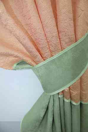 Кухонные шторы VR-Textil № 073к с ламбрекеном и подхватами персиковый с оливковым 270х170 см (52-0477) Киев