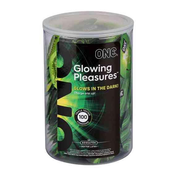 Набір презервативів ONE Glowing Pleasures, 100 шт, світяться в темряві, зі змазкою, паковання-тубус Sex Aura Київ